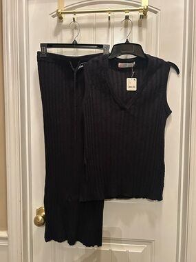 Free People Black Ribbed Pencil Skirt and Sleeveless Top Set